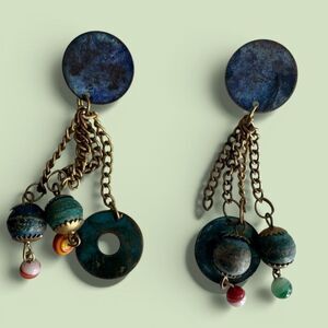Vintage Copper Blue Green Patina Statement Dangle Earrings
